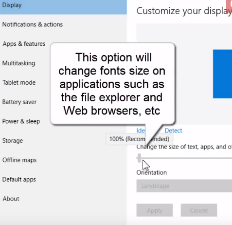 change fonts and icons size on windows 10